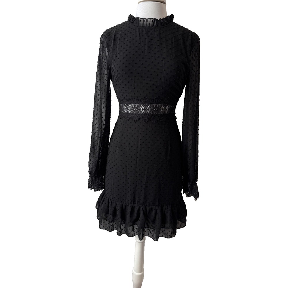 Suzanne Betro NWT Sheer Lace Swiss Dot Ruffle Black Dress S Whimsigoth Boho Sexy